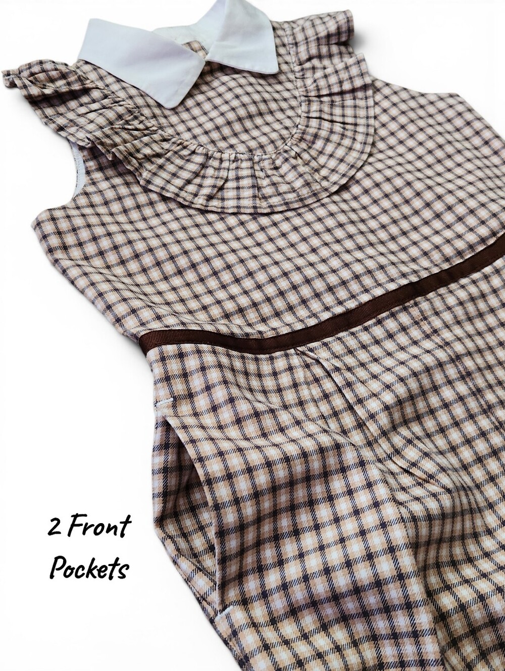 Janie and Jack Little Girls Size 5 Brown Houndstooth Jumpsuit Peter Pan Collar - Picture 2 of 15